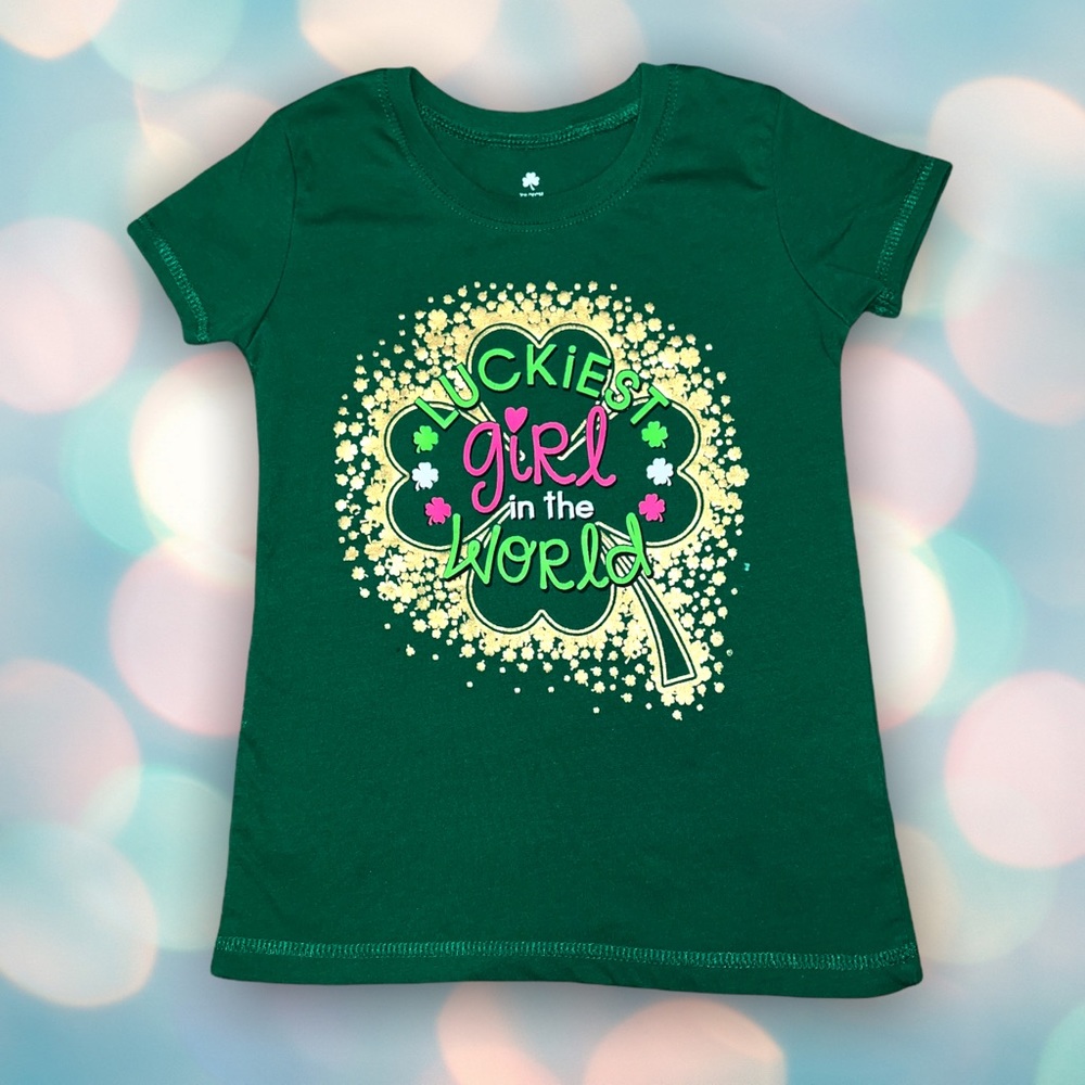 St. Patrick’s Day Girl’s Green Clover Short Sleeve Tee Shirt Top Size 4-5 XS